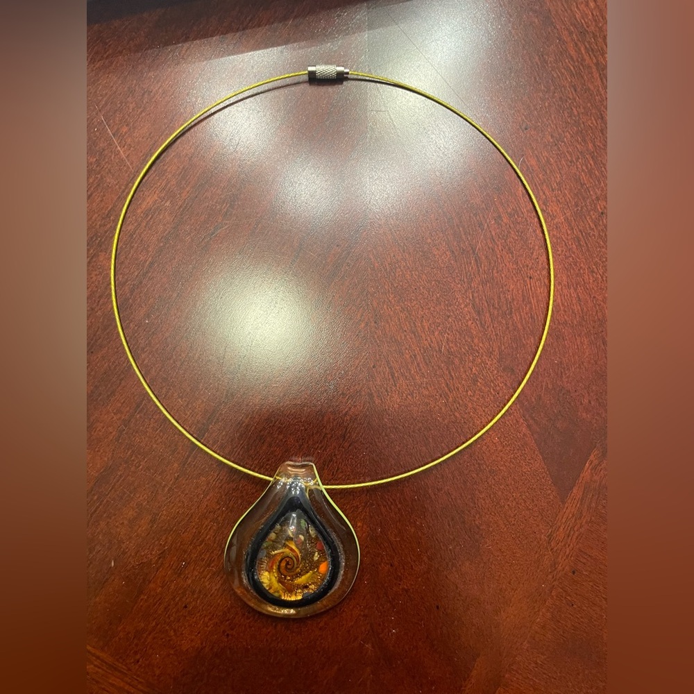 Vintage Pendant Glass Teardrop Pendant on Round  Circular Rigid Necklace